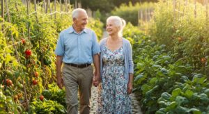 An elderly couple smiling as they walk, or a person picking fresh vegetables in the garden.