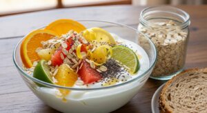 A yogurt with citrus fruits and natural fibers.