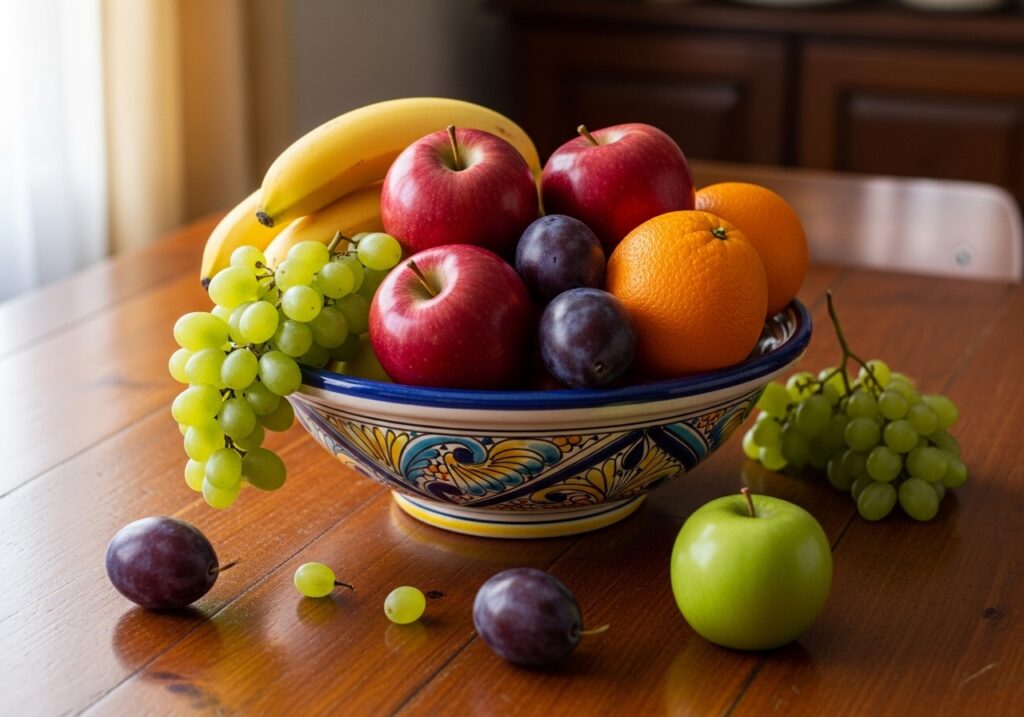 a table with fruit in a bowl