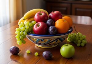 a table with fruit in a bowl