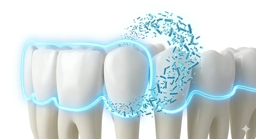 Scientific 3D illustration of oral probiotics repopulating healthy teeth and gums, demonstrating the ProDentim protocol for dental health.