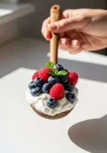 Close-up of a wooden spoon with Greek yogurt and fresh berries, symbolizing probiotics and healthy gut microbiome.