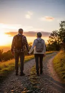 An active senior couple holding hands while hiking at sunset, representing healthy aging, vitality, and long-term energy
