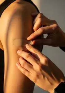 A person attaching a modern glucose monitor patch to their arm, representing metabolic health tracking and weight management.