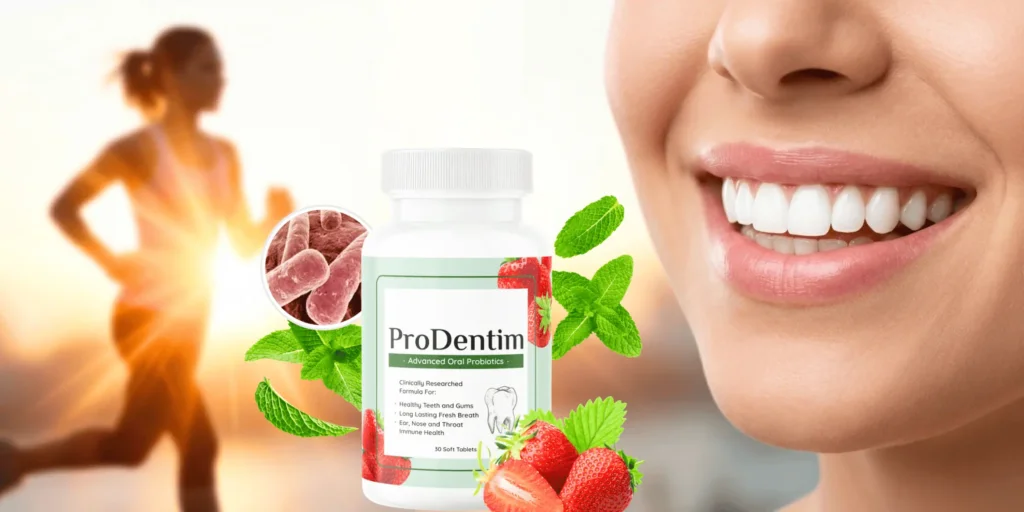 Healthy white smile and energetic woman running outdoors, symbolizing the connection between oral health and metabolic boost.